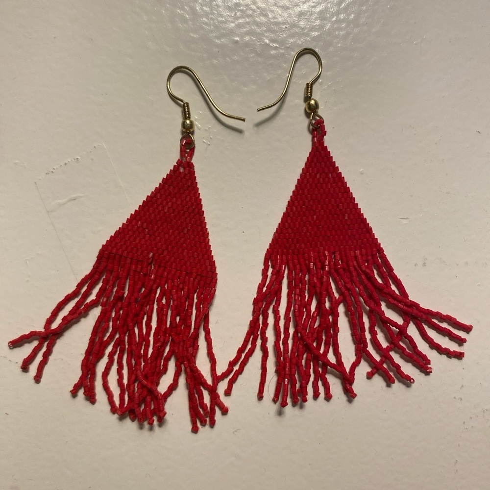 Red Fringe Triangle Earrings